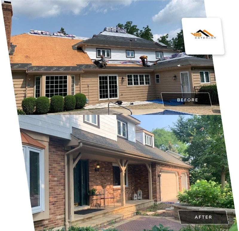 Cedar siding installation and GAF shingle roofing in Downers Grove before after
