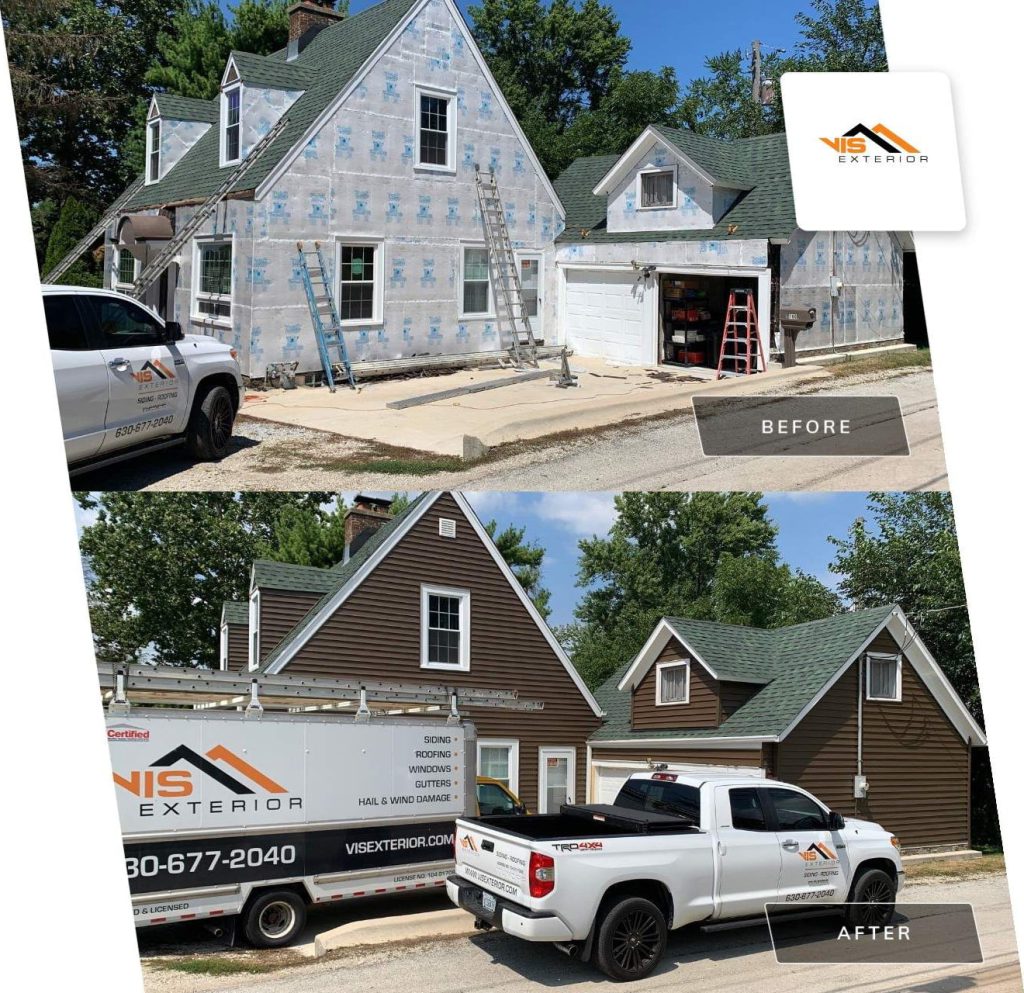 CertainTeed Monogram vinyl siding installation and guttering in Willow Springs before after