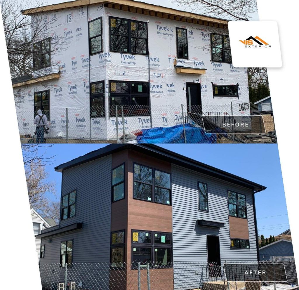 CertainTeed vinyl siding installation and guttering in Wheaton before after