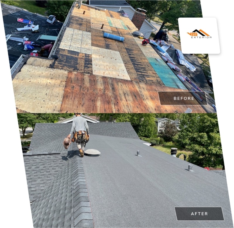 Complete roof replacement installing GAF Timberline HDZ shingles in Downers Grove before after