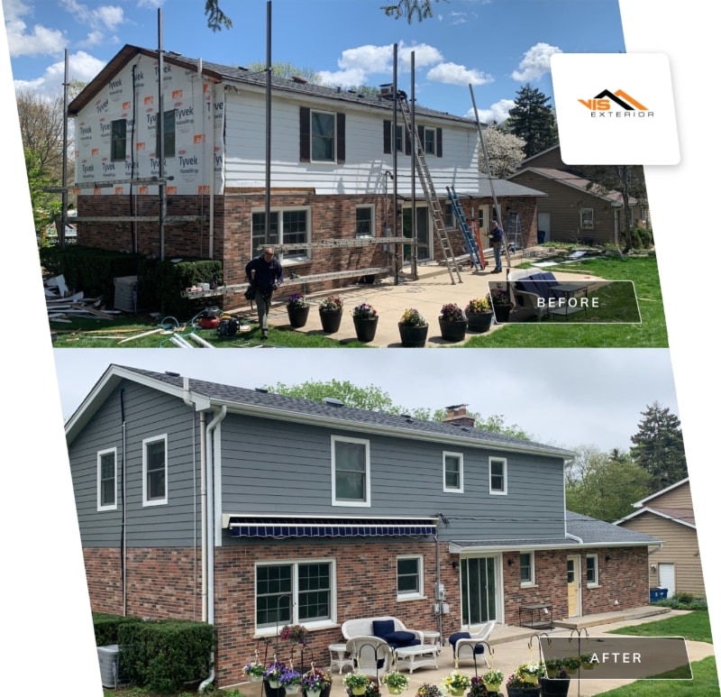 LP SmartSide siding, Atlas Pinnacle shingle roofing and guttering in Hinsdale before after