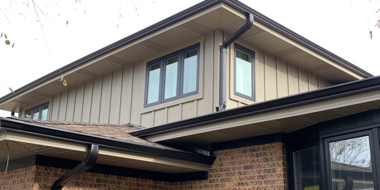 LP SmartSide siding, GAF shingle roofing, guttering and windows replacement in Lemont project photo 1