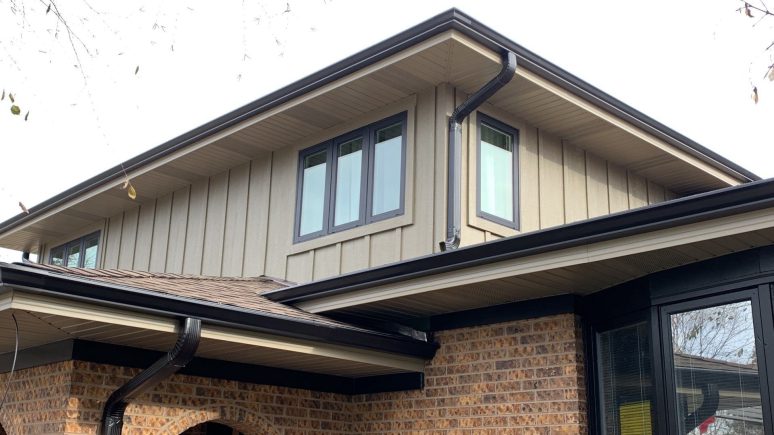 LP SmartSide siding, GAF shingle roofing, guttering and windows replacement in Lemont project photo 1