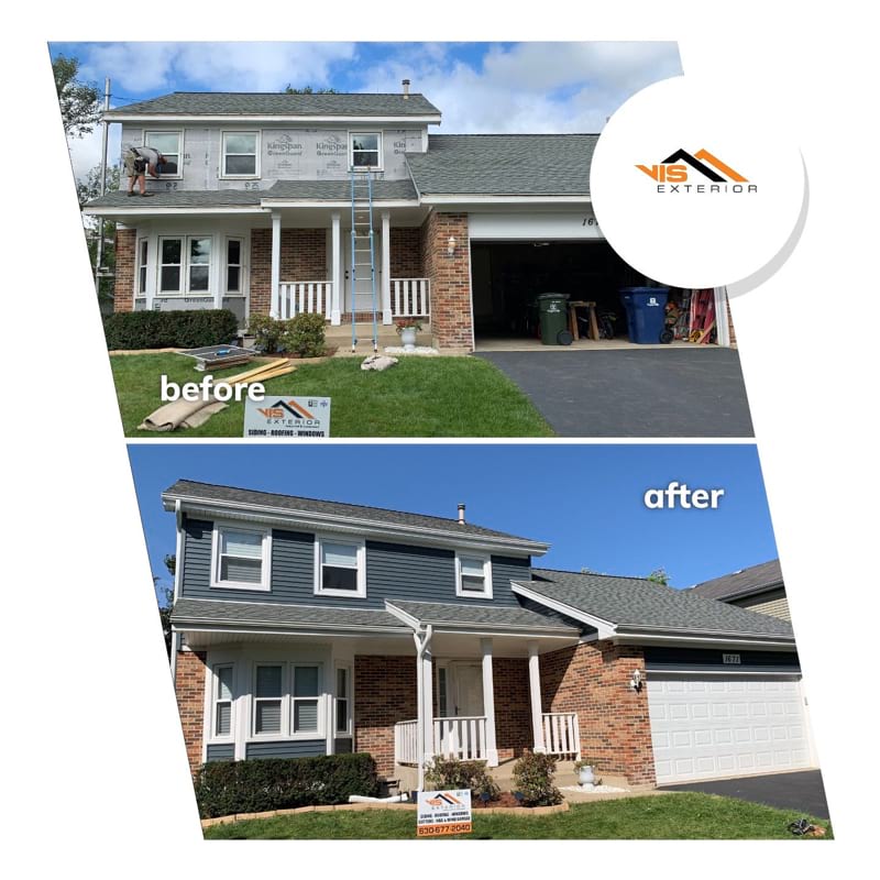 Full exterior remodeling vinyl siding installation shingle roof replacement in Naperville before after