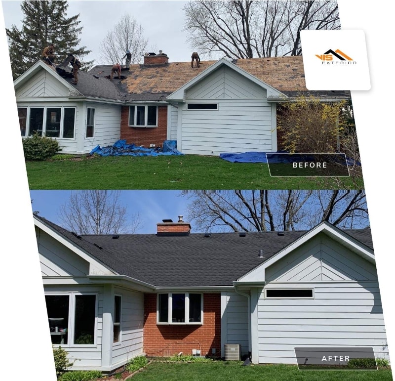 GAF Timberline HDZ shingles roof installation and gutters replacement in Glen Ellyn before after