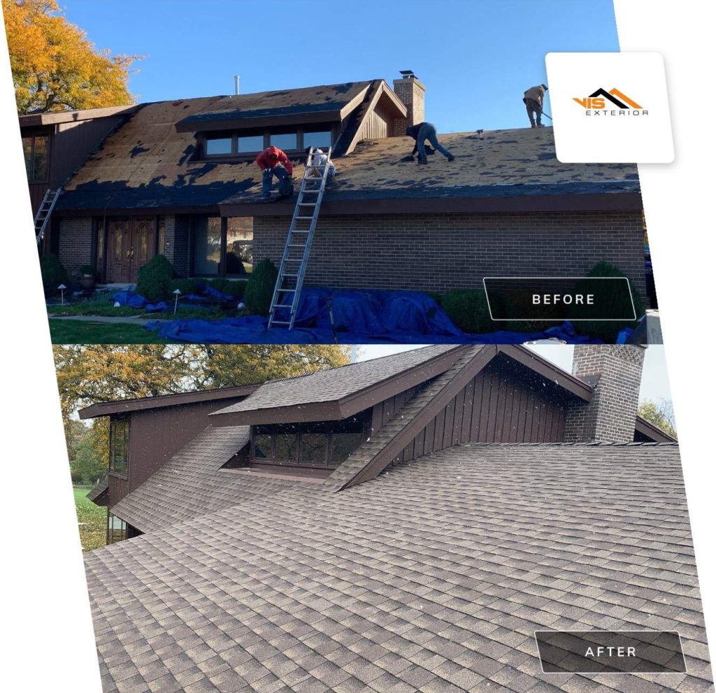 GAF shingle roof installation and guttering in Darien before after