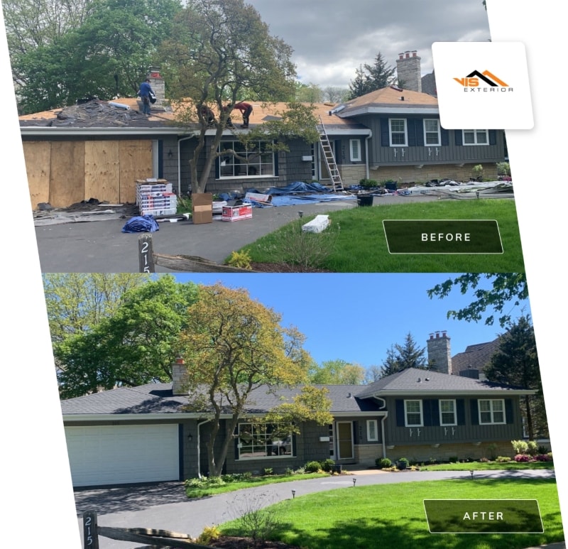 Leaking roof and gutters replacement, GAF Timberline HDZ shingle roof installation in Clarendon Hills before after