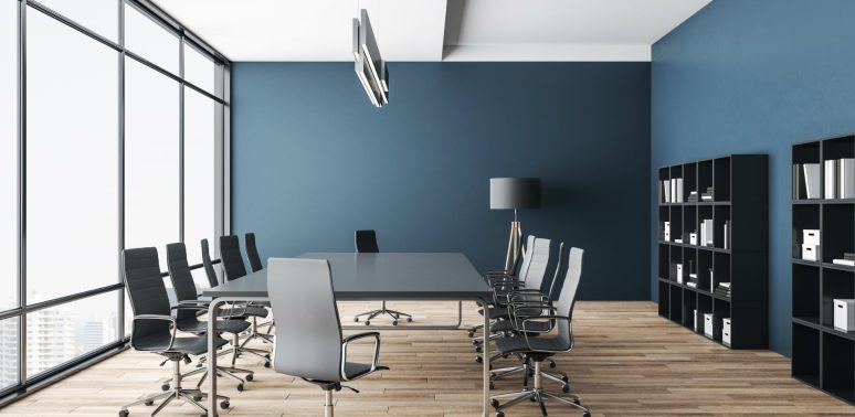 light ceiling with dark blue walls office