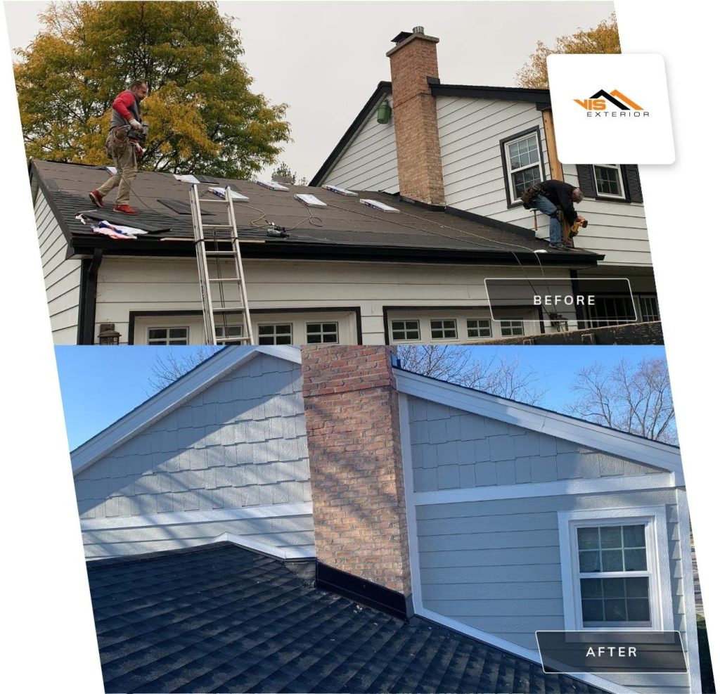LP SmartSide Shake siding and GAF shingle roof installation in Hinsdale before after project