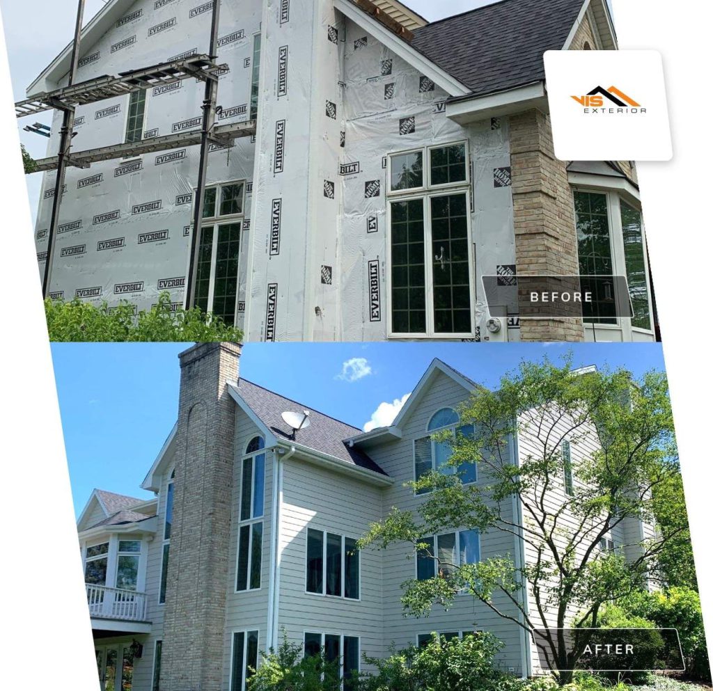 LP SmartSide ExpertFinish siding installation and guttering in St. Charles before after