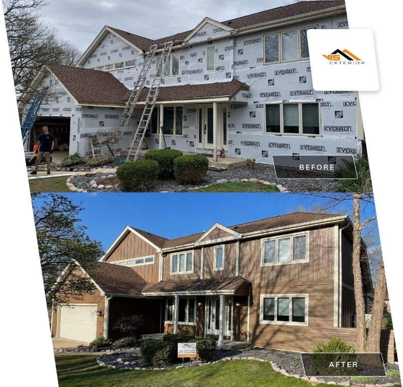 High quality LP SmartSide siding installation and gutters replacement in Downers Grovebefore before after