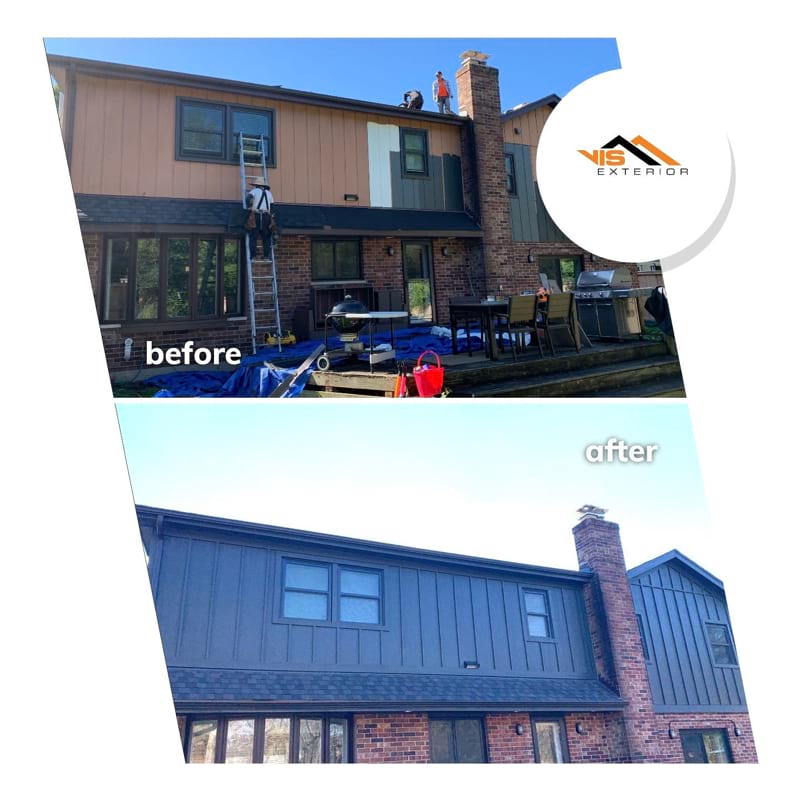LP SmartSide siding and roof replacement in Downers Grove before after