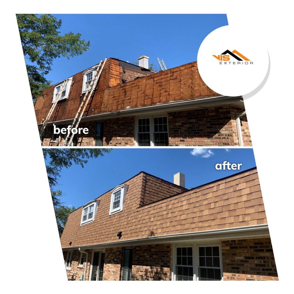 Shingle roof replacement after hail damage in Darien before after