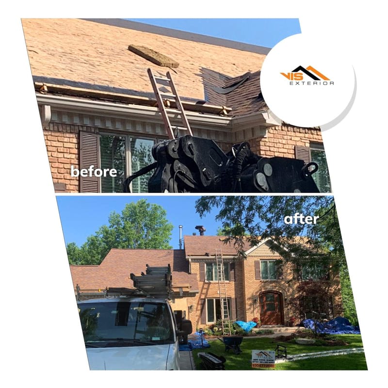 Shingle roofing replacement after hail damage in Naperville before after