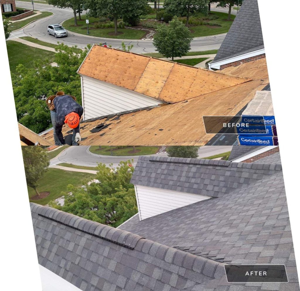 Roof inspection and shingle roofing after hail damage in Geneva before after