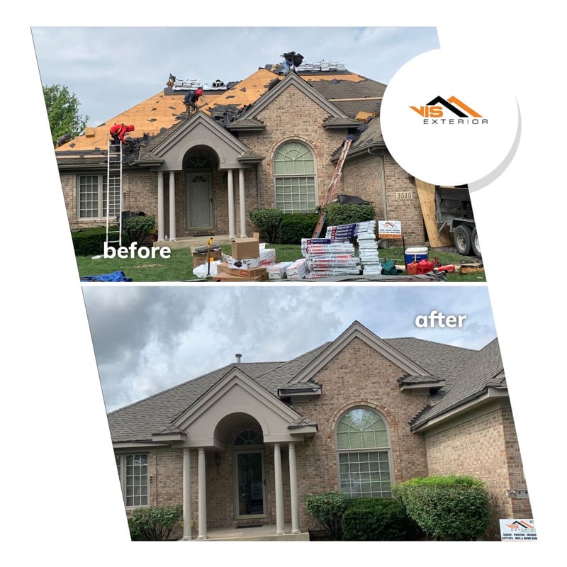 Old Aluminum siding replacement to vinyl siding, roof replacement after hail damage in Naperville before after