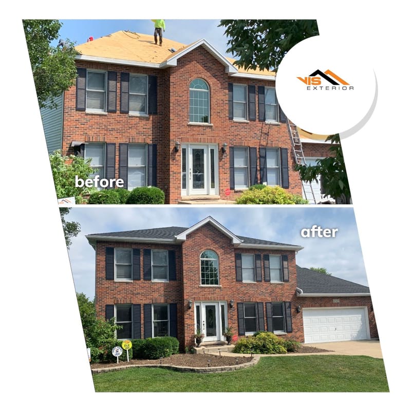 Vinyl siding, roofing & gutters replacement after hail damage in Naperville before after