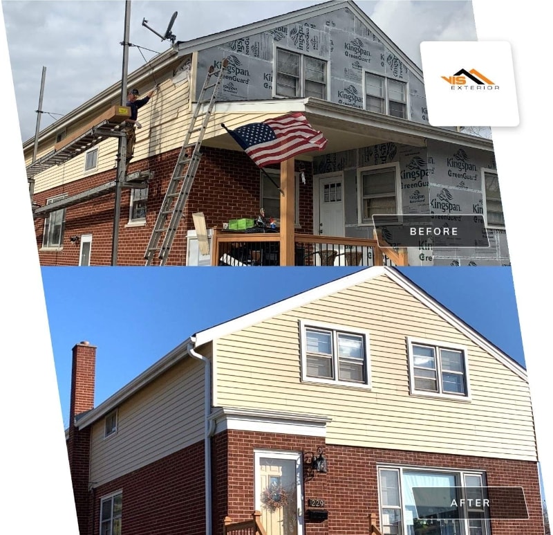 Complete vinyl siding and GAF shingle roof replacement after hail damage in Lombard before after