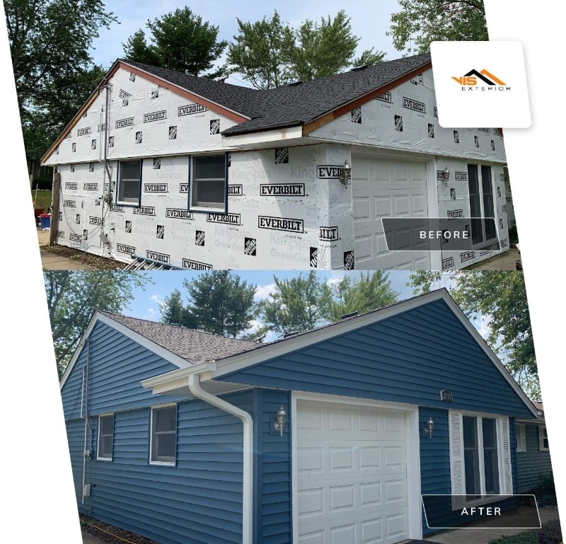 Vinyl siding and shingle roof replacement after hail damage in Woodridge before after
